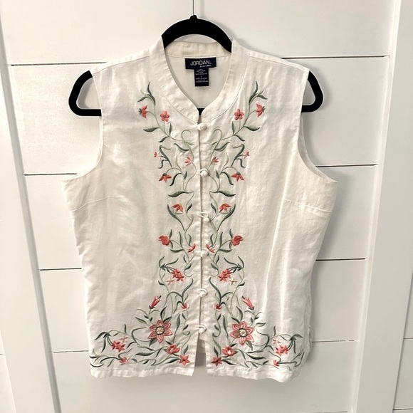 Y2K Vintage Jordan Linen White Floral Embroidered lined button coastal tank L - Picture 1 of 13